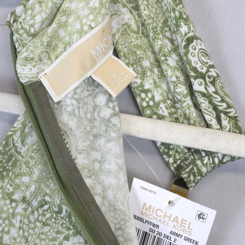 Michael Kors Cold Shoulder Paisley Neck Zipper Halter Top Blouse Army Green L‎